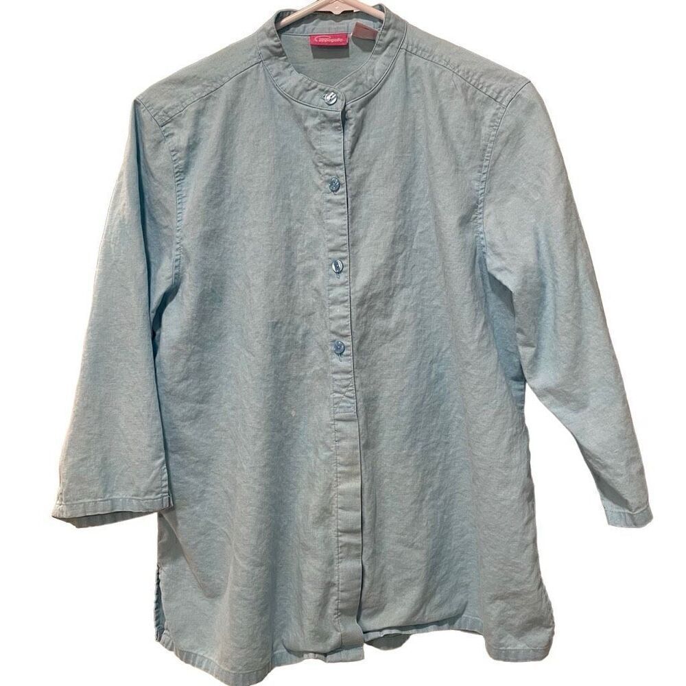 Pappagallo Blouse Womens L Blue Linen Blend Bracelet Sleeve Button Up FLAWED